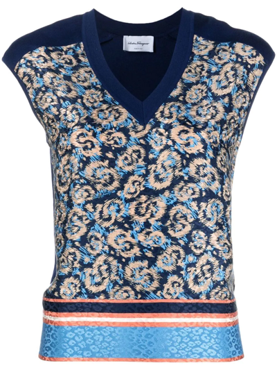 Ferragamo All-over Graphic-print V-neck Vest In Blau