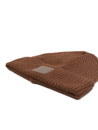 Shop C.p. Company Logo-patch Ribbed Beanie In Braun
