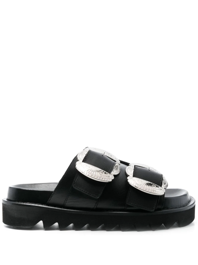 Shop Toga Buckle-detail Open-toe Sandals In Black Leather