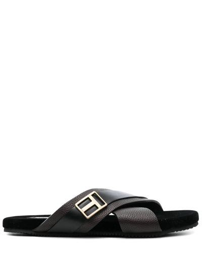 Shop Tom Ford Cross-strap Leather Sandals In Braun