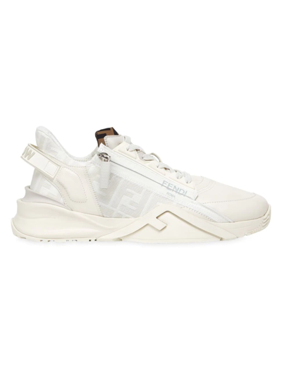 Shop Fendi Men's Flow Vitello Leather & Tonal Logo Jacquard Sneakers In White