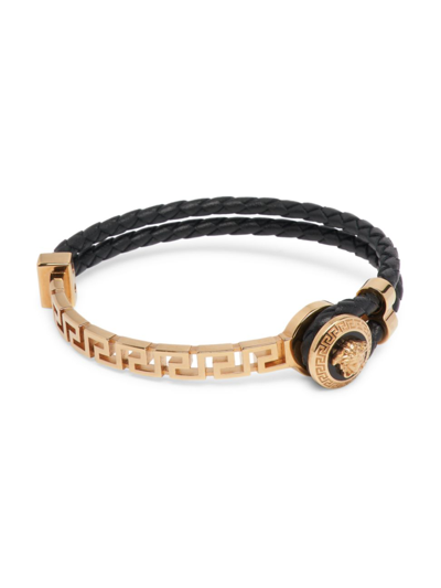 Shop Versace Men's Braided Leather & Brass Bracelet In  Gold Black