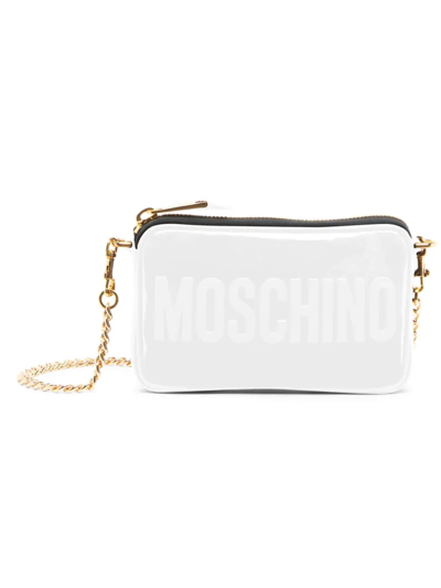 Shop Moschino Women's Patent Leather Logo Shoulder Bag In White