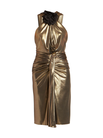 Shop Saint Laurent Metallic Rosette Sheath Dress In Gold