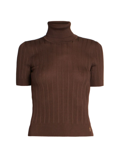 Shop Saint Laurent Women's Rib-knit Silk Turtleneck Top In Maroon