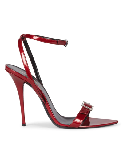 Shop Saint Laurent Women's Gippy Patent Leather Embellished Ankle-strap Sandals In Red
