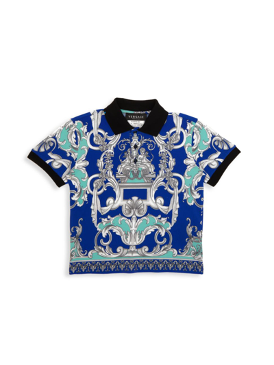 Shop Versace Little Boy's & Boy's Piquet Baroque Polo Shirt In Blue