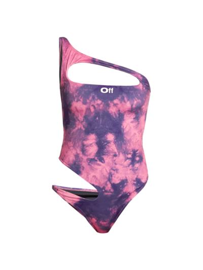 Shop Off-white Women's Tie-dye Asymmetric Cut-out One-piece Swimsuit In Pink Blue