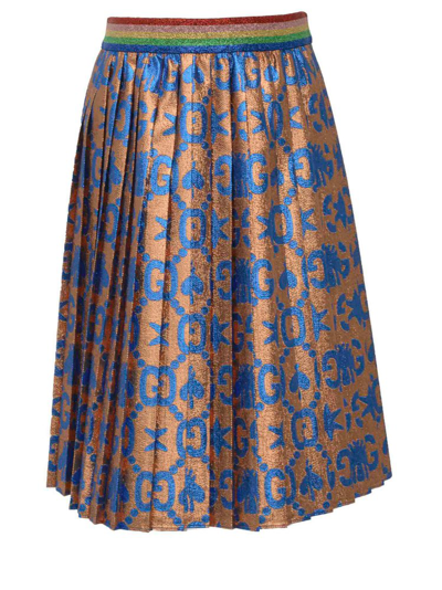 Shop Gucci Kids Gg Bees Pleated Midi Skirt In Multi