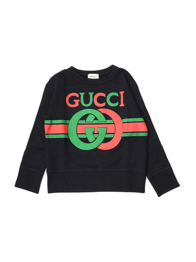 Shop Gucci Kids Logo Printed Crewneck Sweatshirt In Blue