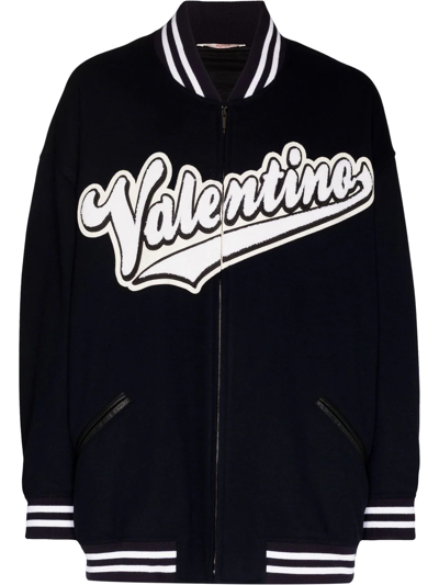 Valentino Embroidered Logo-patch Bomber Jacket In Blue