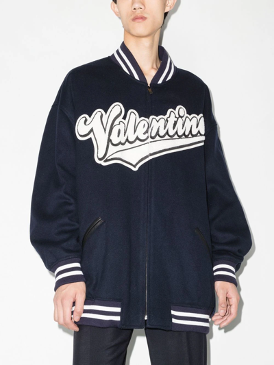 Valentino Embroidered Logo-patch Bomber Jacket In Blue