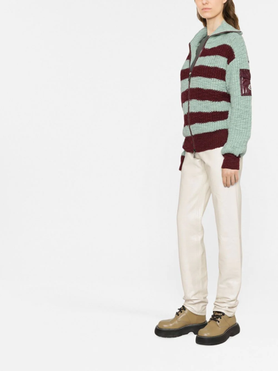 Shop Moncler Horizontal-stripe Chunky-knit Cardigan In Red
