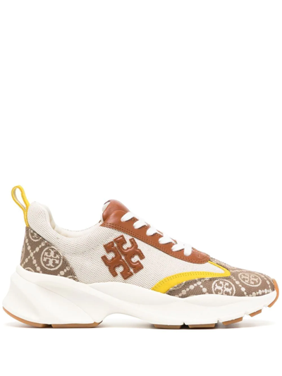 Shop Tory Burch Monogram-pattern Lace-up Sneakers In Brown
