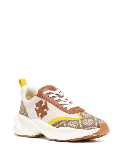 Shop Tory Burch Monogram-pattern Lace-up Sneakers In Brown