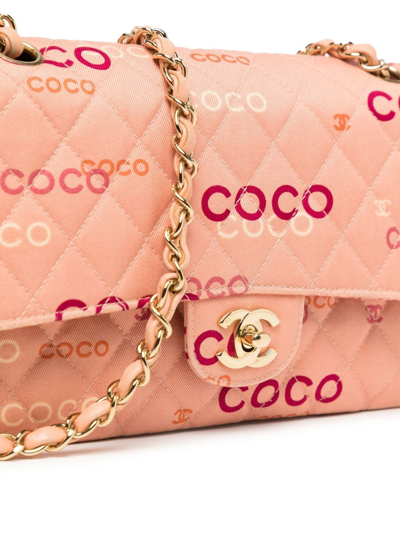 Pre-owned Chanel 2002 Logo Print Double Flap Shoulder Bag In Pink