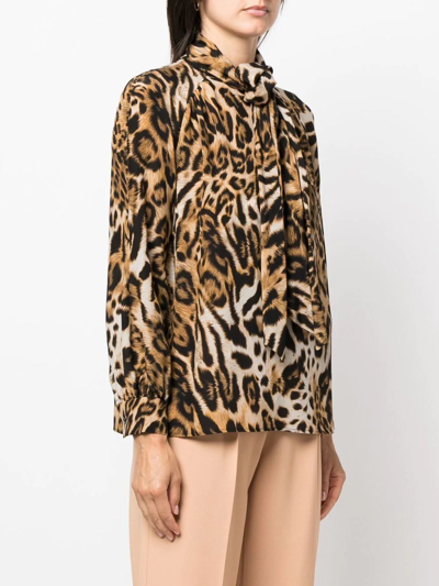 Shop Boutique Moschino Leopard-print Pussy-bow Blouse In Brown