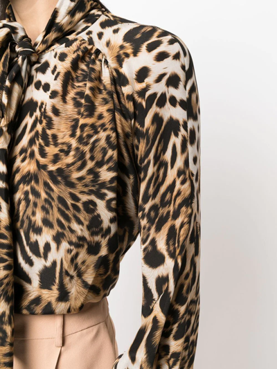 Shop Boutique Moschino Leopard-print Pussy-bow Blouse In Brown