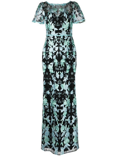 Marchesa Notte Floral-embroidered Tulle Trumpet Gown In Multicolour