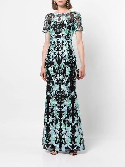 Shop Marchesa Notte Short Sleeve Embroidered Gown In Multicolour