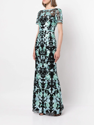 Shop Marchesa Notte Short Sleeve Embroidered Gown In Multicolour