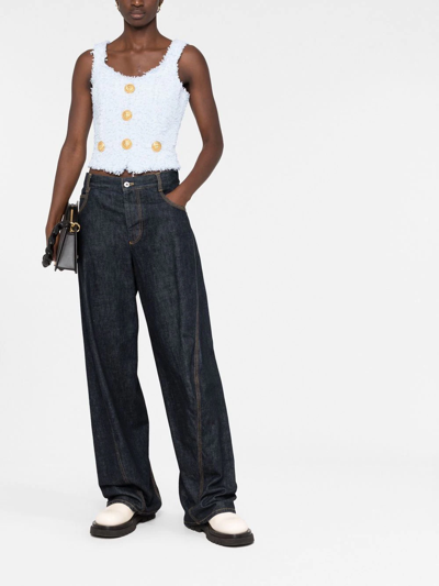 Balmain Button-detail Tweed Cropped Top In Blue