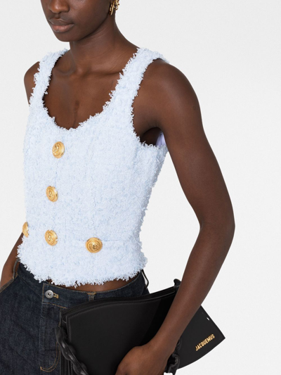 Balmain Button-detail Tweed Cropped Top In Blue