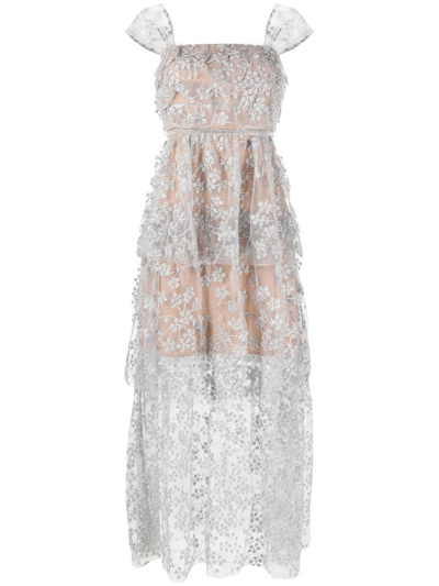 Shop Self-portrait Floral-embroidered Maxi Dress In Silver