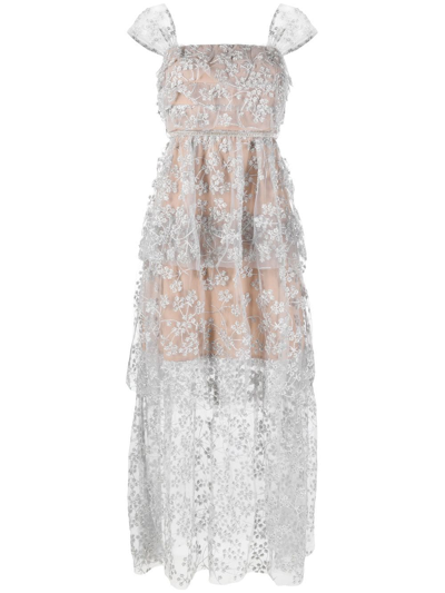 Self-portrait Embroidered Embellished Maxi Dress In Silver