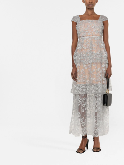 Self-portrait Embroidered Embellished Maxi Dress In Silver