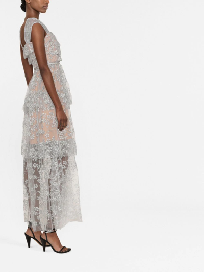 Shop Self-portrait Floral-embroidered Maxi Dress In Silver