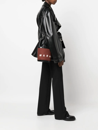 Marni Brown Bucket Shoulder Bag In Calf Leather And Wool And Cotton Blend With Adjustable And Removable Sh In Brown