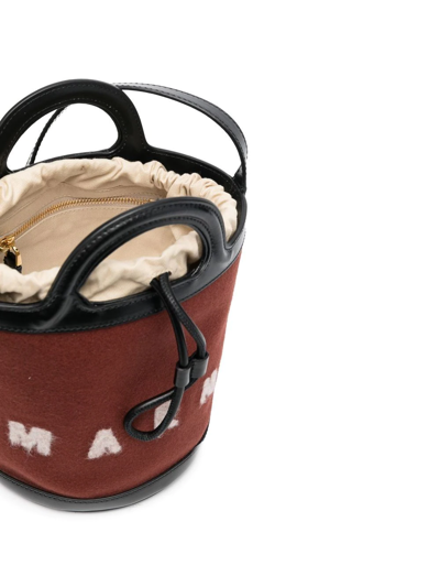 Marni Brown Bucket Shoulder Bag In Calf Leather And Wool And Cotton Blend With Adjustable And Removable Sh In Brown