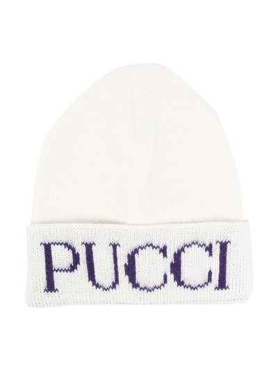 Shop Emilio Pucci Junior Logo-knit Beanie Hat In White
