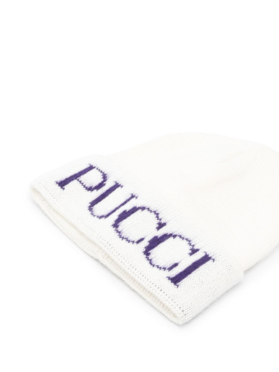 Shop Emilio Pucci Junior Logo-knit Beanie Hat In White