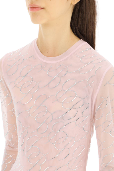 Shop Blumarine Tulle Top With Crystal Monogram In Pink