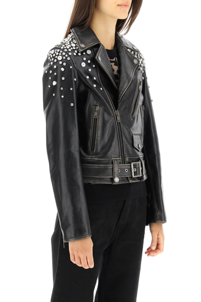 Shop Golden Goose 'destiny' Leather Biker Jacket With Crystals In Black