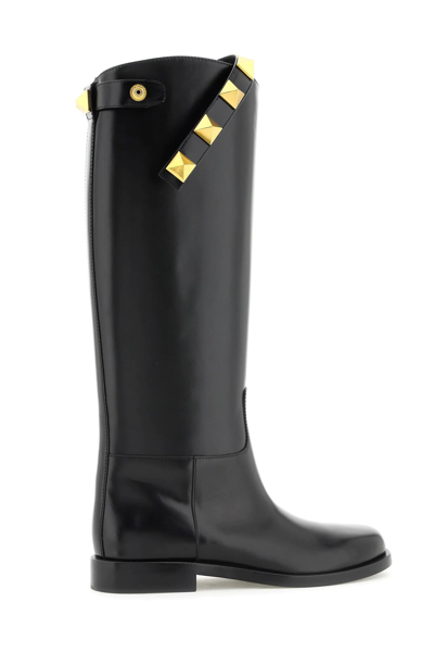 Shop Valentino Roman Stud Knee-boots In Black