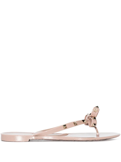 Shop Valentino Rockstud Flat Thong-strap Sandals In Nude