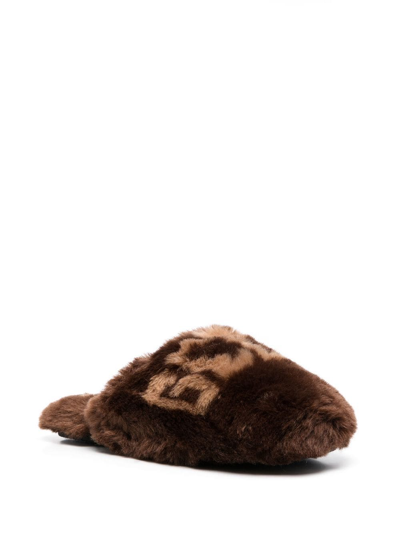 Shop Gcds All-over Logo-print Faux-fur Slippers In Braun