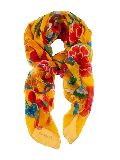 Pre-owned Chanel 1990s Floral Silk Scarf In Yellow