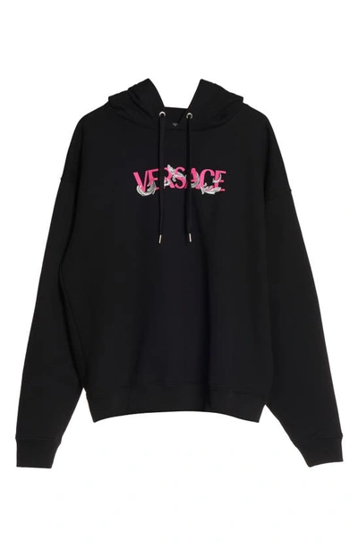 Shop Versace Baroque Embroidered Cotton Logo Hoodie In Black