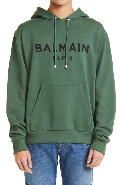 Shop Balmain Cotton Logo Hoodie In Udd Vert Bouteille/ Noir