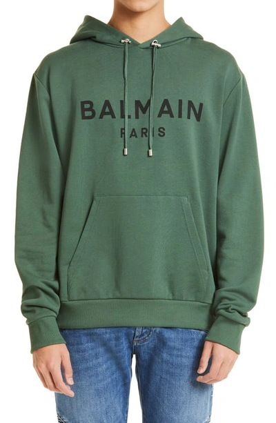 Balmain Mans Green Cotton Hoodie With Logo Print In Udd Vert Bouteille/ Noir