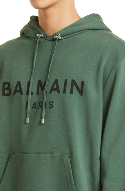 Balmain Mans Green Cotton Hoodie With Logo Print In Udd Vert Bouteille/ Noir