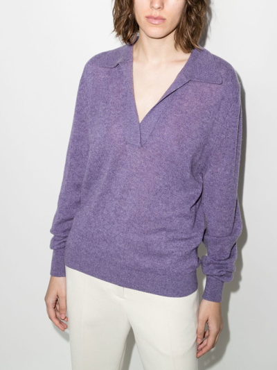 Shop Khaite Jo Polo-collar V-neck Sweater In 紫色