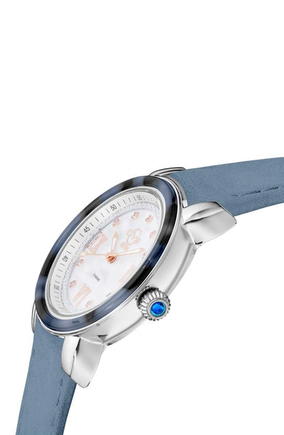 Shop Gv2 Marsala Tortoise Pattern Mother-of-pearl Dial Diamond Suede Strap Watch, 36mm In Light Blue