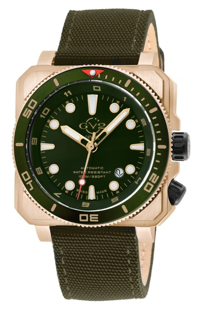 Shop Gv2 Xo Gold-tone Submarine Canvas Strap Watch, 44mm In Green
