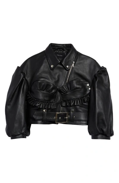 Shop Simone Rocha Ruffle Trim Crop Leather Bustier Biker Jacket In Black