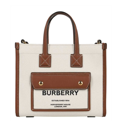 Shop Burberry Freya Mini Two-tone Canvas And Leather Tote In Natural/tan